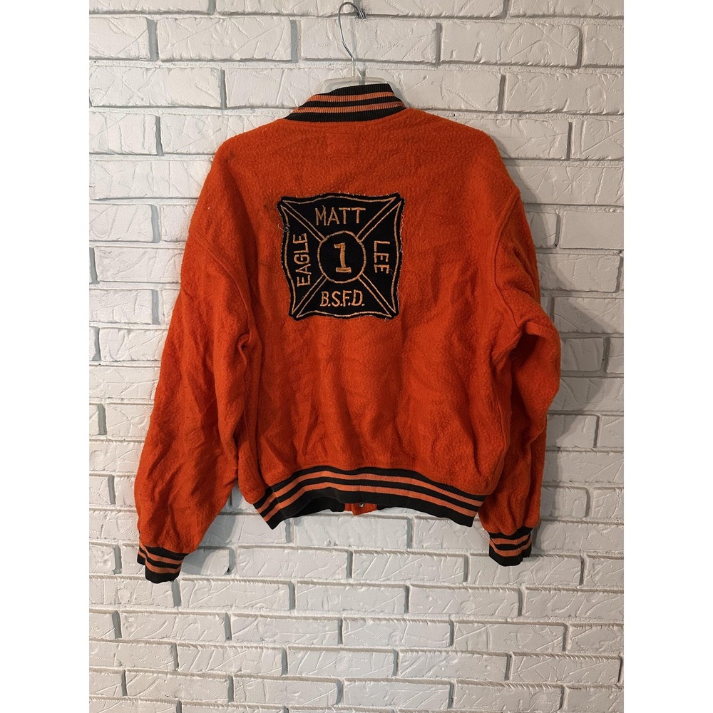 Vintage 60s Felco Mens Orange Fire Dept Varsity Bomber Jacket Size 50